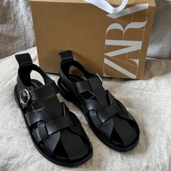 Zara Black Leather Fisherman Sandals, Size 40 - Picture 5 of 8